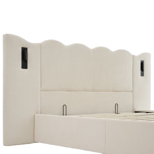 Lit Coffre 180x200 - Lit Double Capitonné Avec Lampe Et Charge USB Type-c - Velours Beige