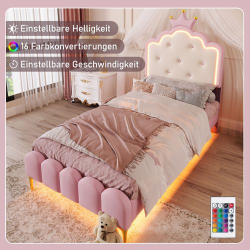 Lit Enfant 90x200 Cm - Lit Capitonné Avec Tête Couronne Et LED Télécommandée - Cadre Solide - Rose