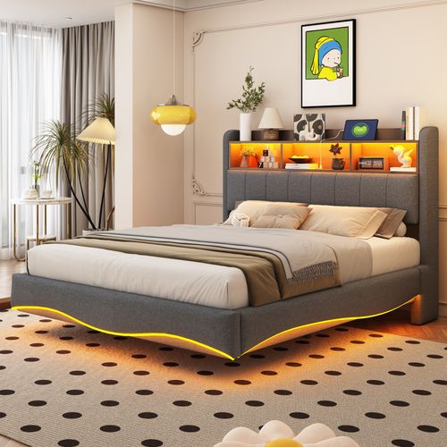 Lit Double 140×200 Cm - LED Et Port USB - Lit Rembourré Coffre - Tissu - Gris