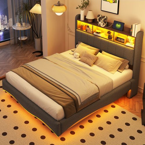 Lit Double 140×200 Cm - LED Et Port USB - Lit Rembourré Coffre - Tissu - Gris