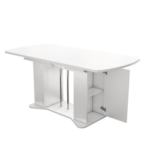Table à Manger Extensible - Espace De Rangement - Plateau Mdf - Pieds Métal Argenté - Blanc