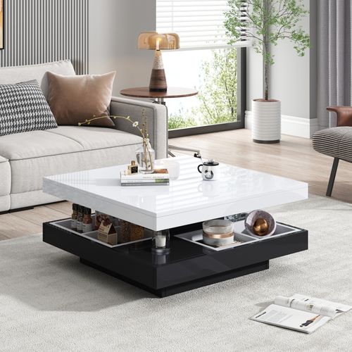 Table Basse - Plateau Rotatif 360° Et Rangement Caché - Double Plateau - Haut Brillant - Blanc+noir