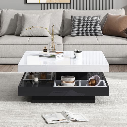 Table Basse - Plateau Rotatif 360° Et Rangement Caché - Double Plateau - Haut Brillant - Blanc+noir