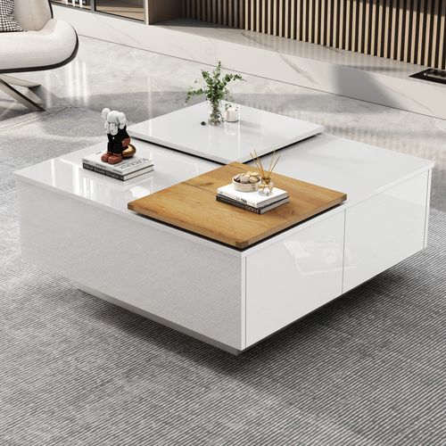 Table Basse - Espace De Rangement Et Plateau Coulissant - Moderne - Bois Naturel Et Blanc