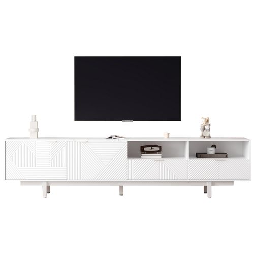 Banc TV Avec 2 Portes Et 2 Tiroirs, Meuble TV Design Moderne En Panneau De Particules Blanc