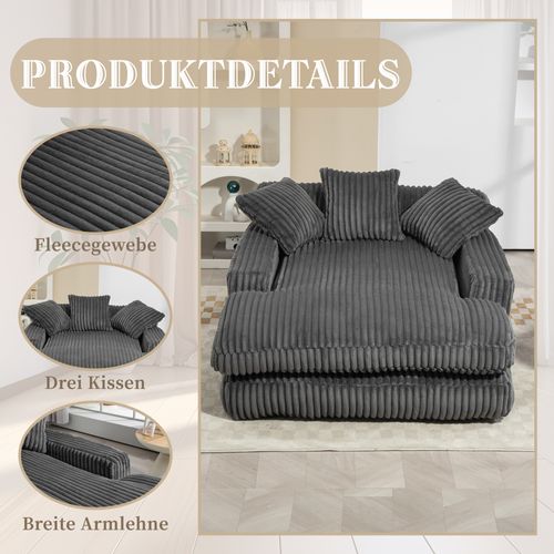 Canapé Convertible 1 Place - Design Relax - 3 Coussins - Tissu Corde - Gris Foncé