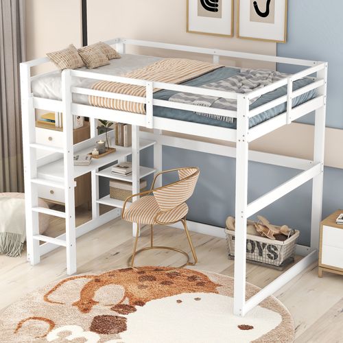 Lit Mezzanine 140x200 Cm Avec Bureau Et Espace De Rangement – Lit Combiné Enfant Bois Blanc