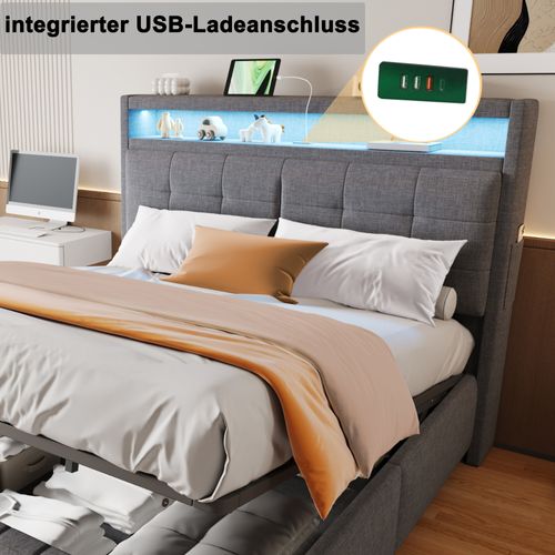Lit Double 160x200 Cm - LED Et USB - Coffre Hydraulique - Étagères De Rangement - Lin - Gris