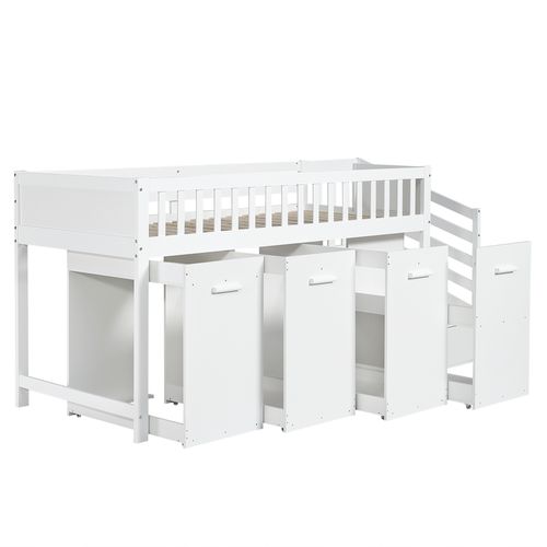 Lit Mezzanine 90x200 Cm - Multifonction Bureau - Armoire -escalier - Barrière Sécurité - Mdf - Blanc