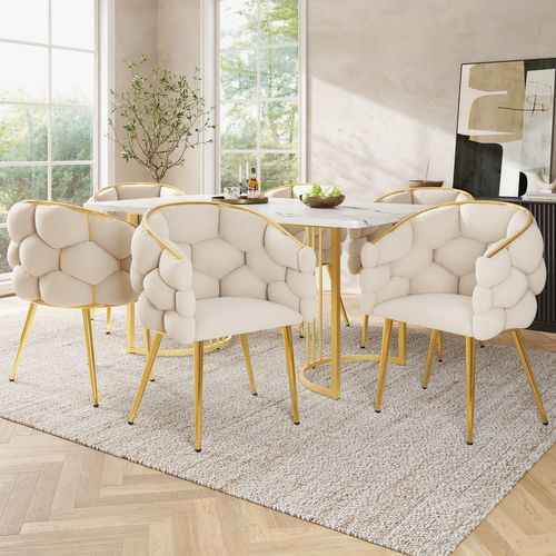 Chaises Salle à Manger - Lot De 6 - Moelleuse - Dossier Confortable - Pieds Dorés - Velours - Beige