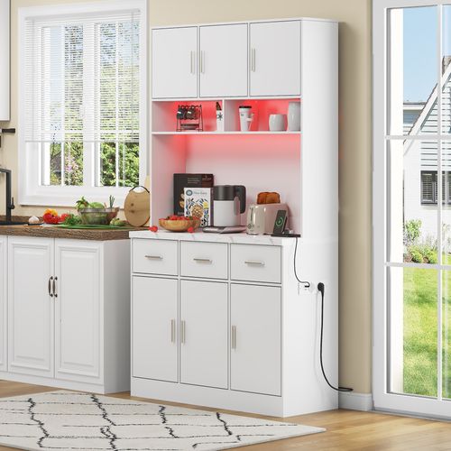 Buffet De Cuisine - Armoire Rangement - LED - Commande Application - 6 Portes - 3 Tiroirs - Blanc