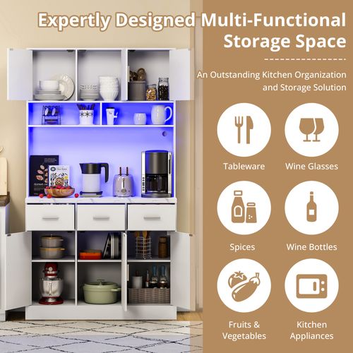 Buffet De Cuisine - Armoire Rangement - LED - Commande Application - 6 Portes - 3 Tiroirs - Blanc