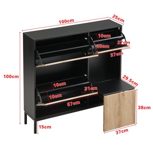 Meuble à Chaussures 3 Volets Rabattables -banc Et Espace Ouvert -entrée Fonctionnel - Mdf -noir/bois