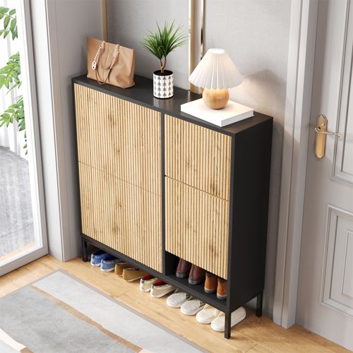 Meuble à Chaussures 3 Volets Rabattables -banc Et Espace Ouvert -entrée Fonctionnel - Mdf -noir/bois