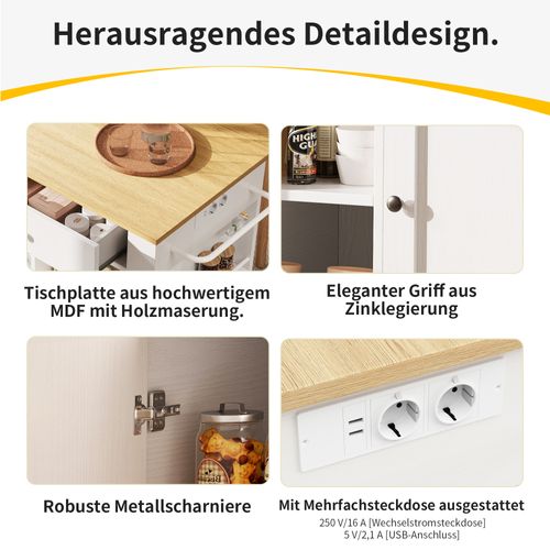 Îlot De Cuisine - Desserte De Cuisine - Plan De Travail -prise Électrique -multifonction -mdf -blanc