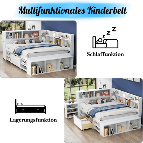 Lit Enfant 140x200 Cm - Lit Combiné Avec Tiroirs Et Bibliothèque - Rangement - Blanc
