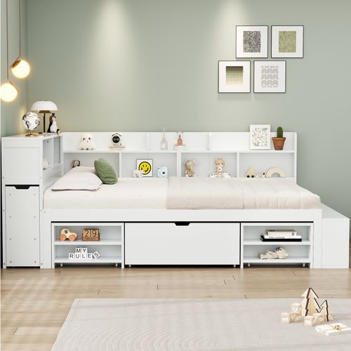 Lit Enfant 140x200 Cm - Lit Combiné Avec Tiroirs Et Bibliothèque - Rangement - Blanc