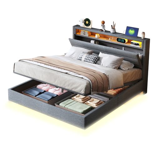 Lit Coffre Double 140x200 Cm - Coffre Hydraulique - Tête De Lit Réversible - Éclairage LED - Gris