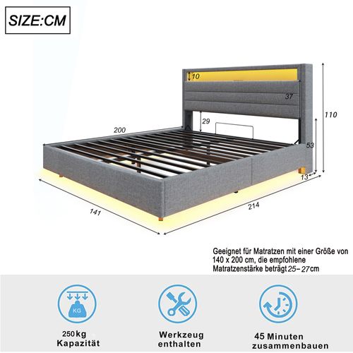 Lit Coffre Double 140x200 Cm - Coffre Hydraulique - Tête De Lit Réversible - Éclairage LED - Gris