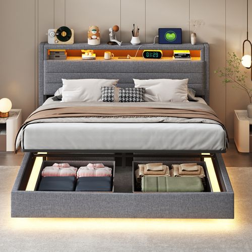 Lit Coffre Double 160x200 Cm - LED - Port USB - Rembourré En Tissu Lin - Coffre Hydraulique - Gris