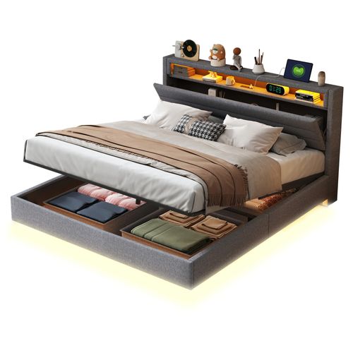 Lit Coffre Double 160x200 Cm - LED - Port USB - Rembourré En Tissu Lin - Coffre Hydraulique - Gris