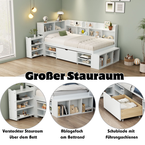 Lit Enfant 90x200 Cm - Lit Combiné Avec Tiroirs Et Bibliothèque - Rangement - Blanc