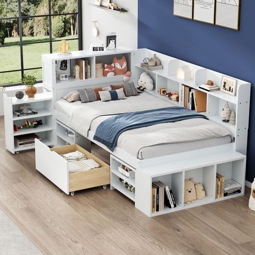Lit Enfant 90x200 Cm - Lit Combiné Avec Tiroirs Et Bibliothèque - Rangement - Blanc