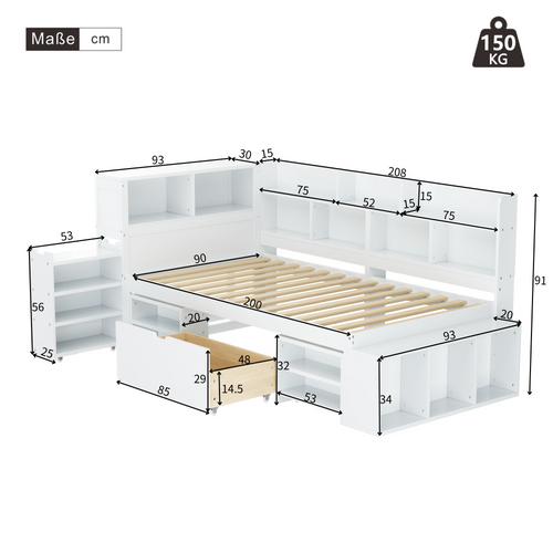 Lit Enfant 90x200 Cm - Lit Combiné Avec Tiroirs Et Bibliothèque - Rangement - Blanc