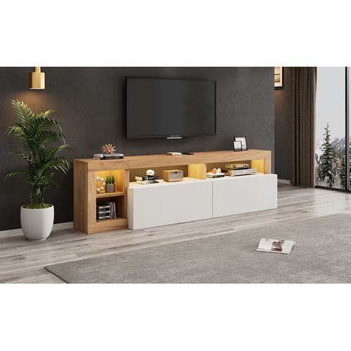 Meuble TV 145 cm, avec éclairage LED, 2 tiroirs, 4 portes, cloisons ouvertes, surface vitrée, finition brillante, meuble tele lowboard pour salon et chambre - Naturel