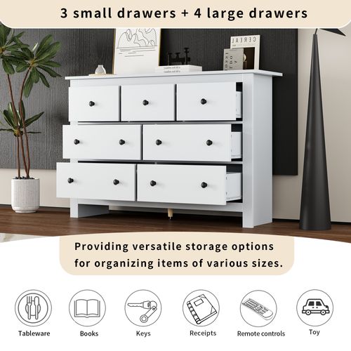 Commode Buffet Moderne 7 Tiroirs, Meuble Fonctionnel Cuisine Et Salon, Panneau De Particules, Blanc