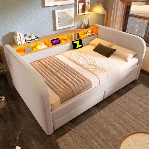 Lit Banquette 140x190 Cm - Convertible Ado/enfant - LED - Tiroirs - Lin Et Métal - Beige Clair