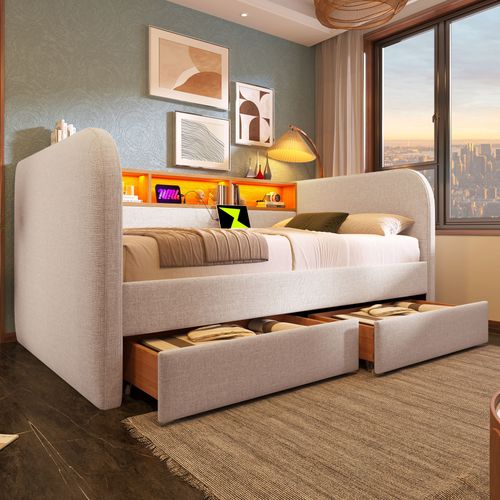 Lit Banquette 140x190 Cm - Convertible Ado/enfant - LED - Tiroirs - Lin Et Métal - Beige Clair