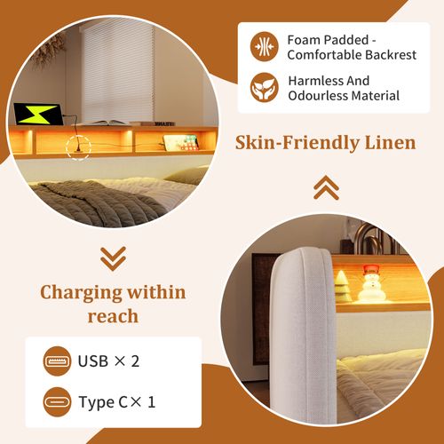 Lit Banquette 140x190 Cm - Convertible Ado/enfant - LED - Tiroirs - Lin Et Métal - Beige Clair