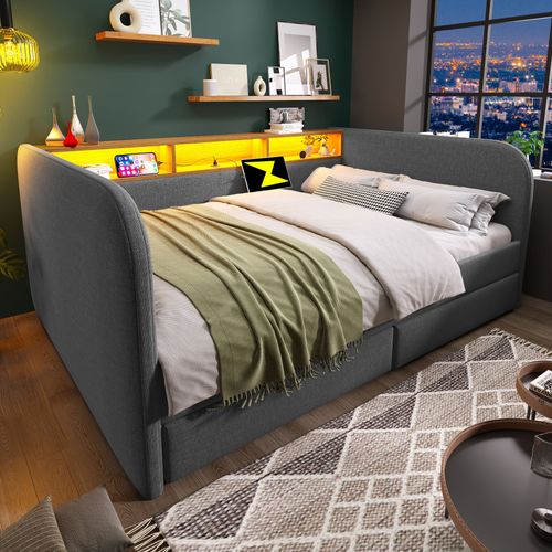 Lit Banquette 140x190 Cm - Convertible Ado/enfant - LED - Tiroirs - Lin Et Métal - Gris