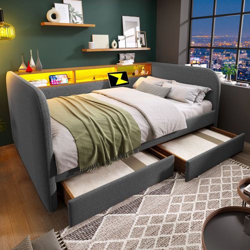 Lit Banquette 140x190 Cm - Convertible Ado/enfant - LED - Tiroirs - Lin Et Métal - Gris