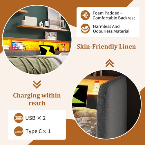 Lit Banquette 140x190 Cm - Convertible Ado/enfant - LED - Tiroirs - Lin Et Métal - Gris