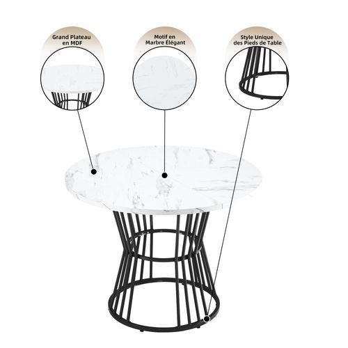 Table à Manger Ronde Moderne, Plateau Mdf Effet Marbre, Pieds Métal Noir, Blanc, D.100 X H75 Cm