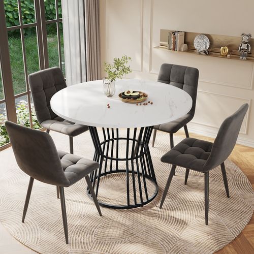 Table à Manger Ronde Moderne, Plateau Mdf Effet Marbre, Pieds Métal Noir, Blanc, D.100 X H75 Cm