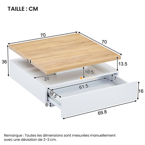 Table Basse Rotative Avec Rangement Et Tiroirs, Plateau Pivotant 360°, 70×70×36 Cm, Blanc/noyer