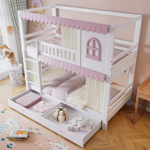 Lit Superposé 90x200 Cm - Enfant Avec Fenêtres - Rideaux - Barrière - 2 Tiroirs - Étagère -mdf-blanc