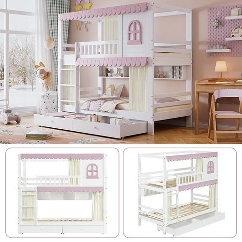 Lit Superposé 90x200 Cm - Enfant Avec Fenêtres - Rideaux - Barrière - 2 Tiroirs - Étagère -mdf-blanc