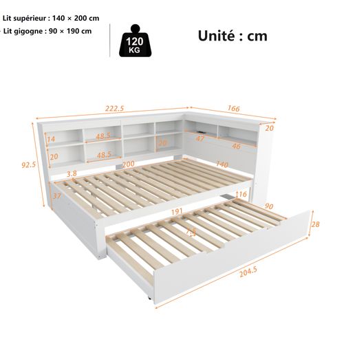 Lit Gigogne 140x200 Cm + Lit Tiroir 90x190 Cm - Coffres - USB - Multifonction Chambre- Mdf - Blanc