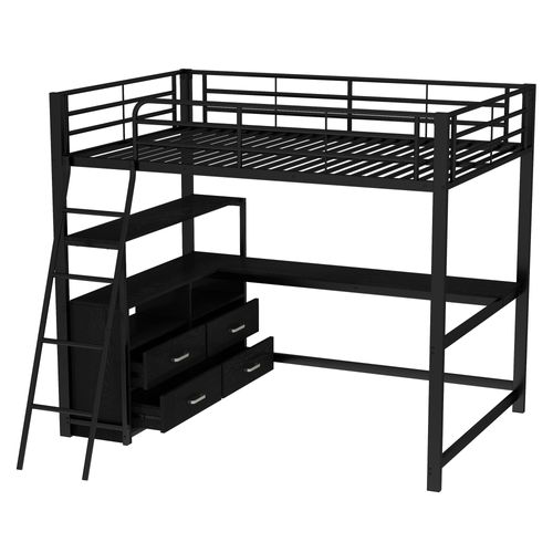 Lit Mezzanine Double 140x200 Cm - Bureau En L - Rangements - Métal Et Mdf - Noir