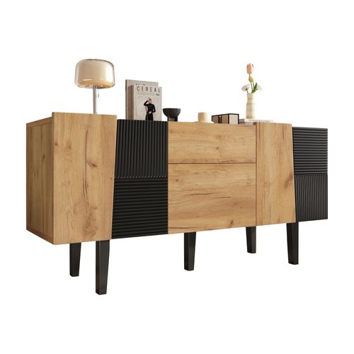 Meuble TV - Style Contemporain - 2 Tiroirs - Pieds Bois Massif - Bois Et Noir