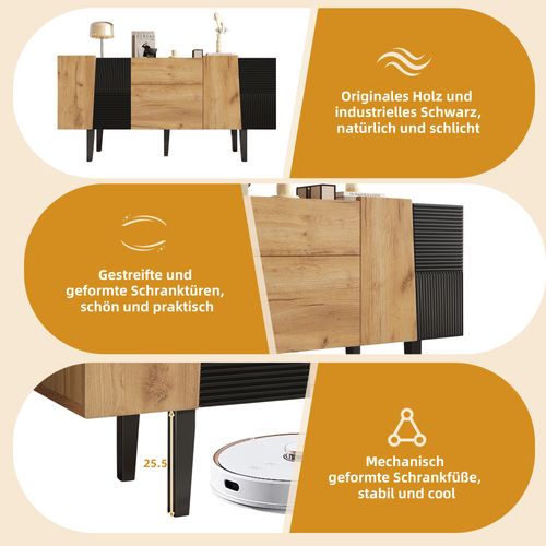 Meuble TV - Style Contemporain - 2 Tiroirs - Pieds Bois Massif - Bois Et Noir