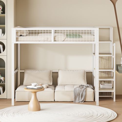 Lit Mezzanine 140x200 Cm - Lit Double Avec Échelle - Rangements - Structure Métal Mdf - Blanc