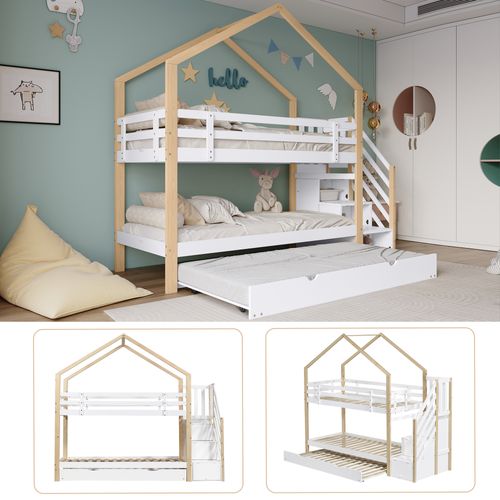 Lit Superposé 90x200 Et 90x190 Cm - Cabane Enfant - Échelle - Protection - Stable - Naturel Blanc