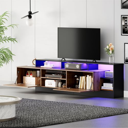 Meuble TV Contemporain Avec Éclairage LED, 2 Portes Et Rangement Ouvert, Style Et Noir