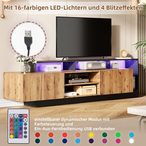 Meuble TV Contemporain Avec Éclairage LED, 2 Portes Et Rangement Ouvert, Style Et Noir