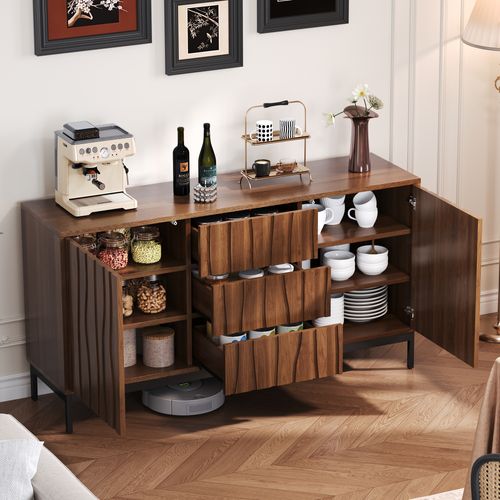 Buffet Avec Tiroirs Et Étagères Réglables - Style Mid-century Moderne - Mdf Pb - Brun Foncé
